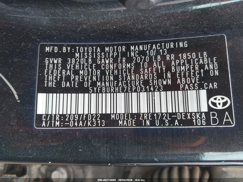 2014 Toyota Corolla S Plus VIN: 5YFBURHE7EP031423 Lot: 45274569