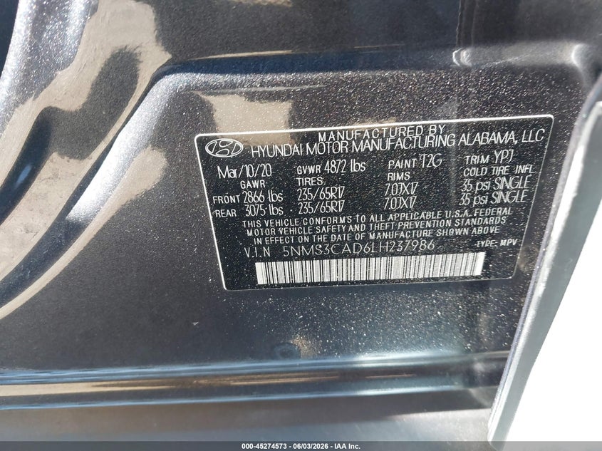 2020 Hyundai Santa Fe Sel VIN: 5NMS3CAD6LH237986 Lot: 45274573