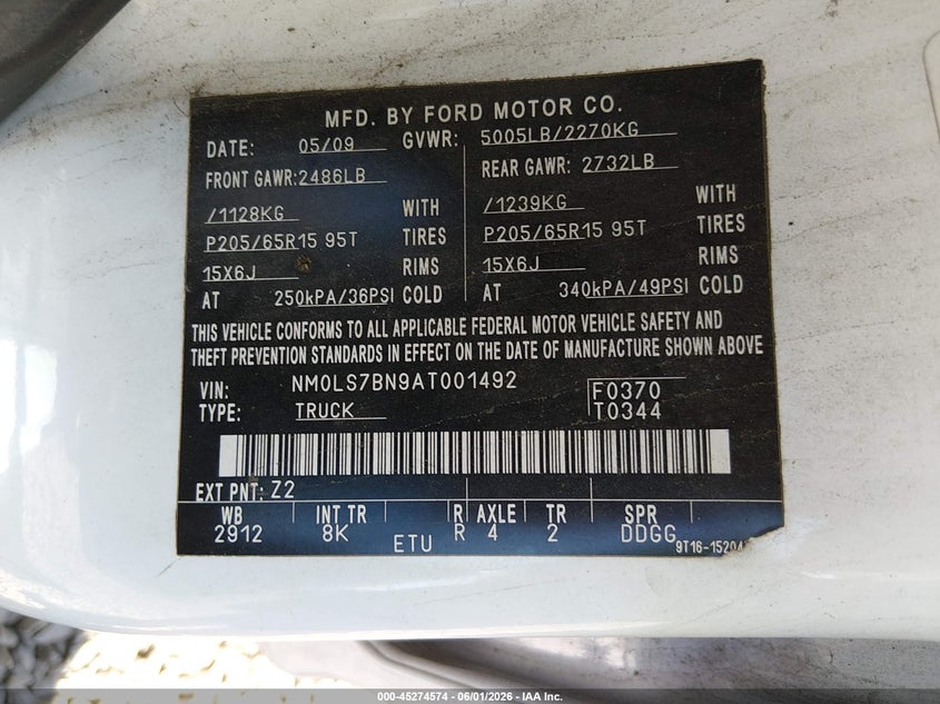 2010 FORD TRANSIT VAN 2.0L I-4 DOHC, 136HP