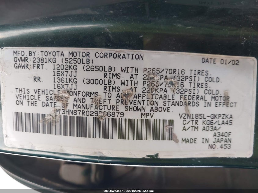 2002 Toyota 4Runner Limited V6 VIN: JT3HN87R029066879 Lot: 45274577