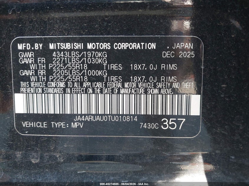 2026 Mitsubishi Outlander Sport 2.0 Es/2.0 Le/2.0 Ralliart/2.0 S/2.0 Se/2.0 Trail Edition VIN: JA4ARUAU0TU010814 Lot: 45274585