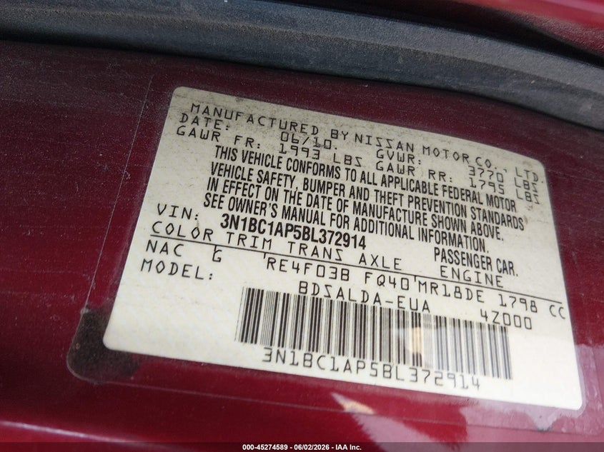 2011 Nissan Versa 1.8S VIN: 3N1BC1AP5BL372914 Lot: 45274589