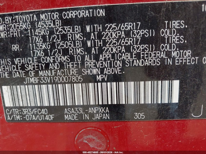 2009 Toyota Rav4 VIN: JTMBF33V19D007805 Lot: 45274600