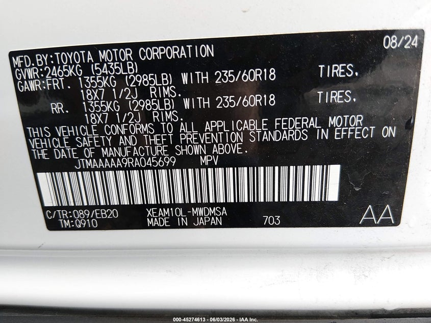 2024 Toyota Bz4X Xle VIN: JTMAAAAA9RA045699 Lot: 45274613