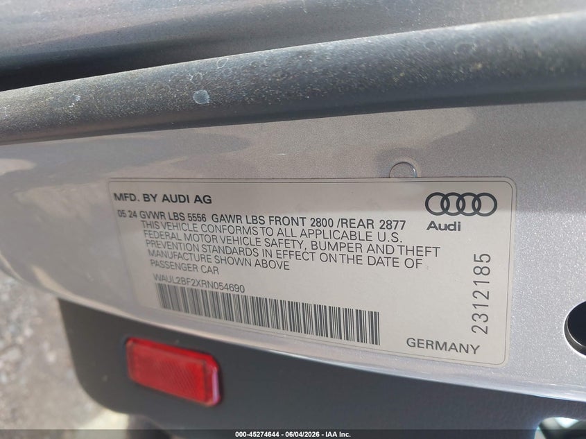 2024 Audi A6 Premium Plus 55 Tfsi Quattro S Tronic VIN: WAUL2BF2XRN054690 Lot: 45274644