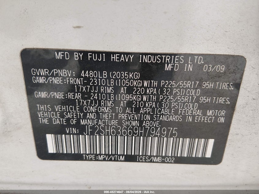 2009 Subaru Forester 2.5X VIN: JF2SH63669H794975 Lot: 45274647