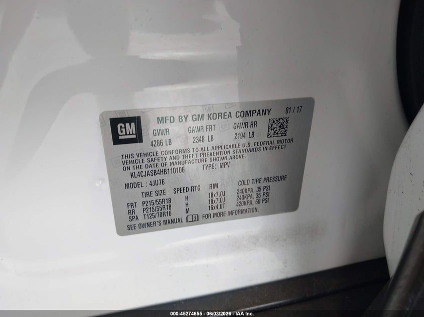 2017 Buick Encore Preferred VIN: KL4CJASB4HB110106 Lot: 45274655