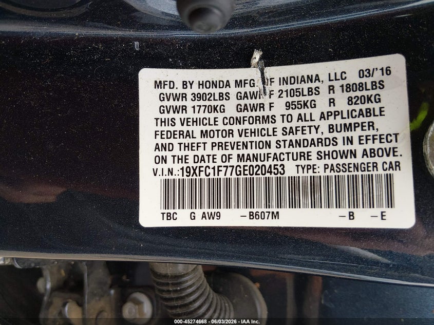 2016 HONDA CIVIC SEDAN 1.5L I-4 DI, DOHC, VVT, TURBO, 174HP