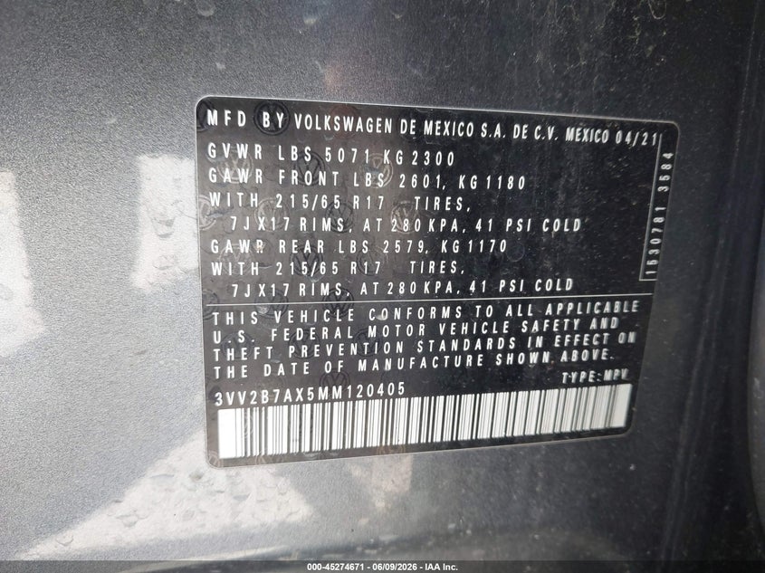 2021 VOLKSWAGEN TIGUAN 2.0L I-4 DI, DOHC, V(VIN: 3VV2B7AX5MM120405
