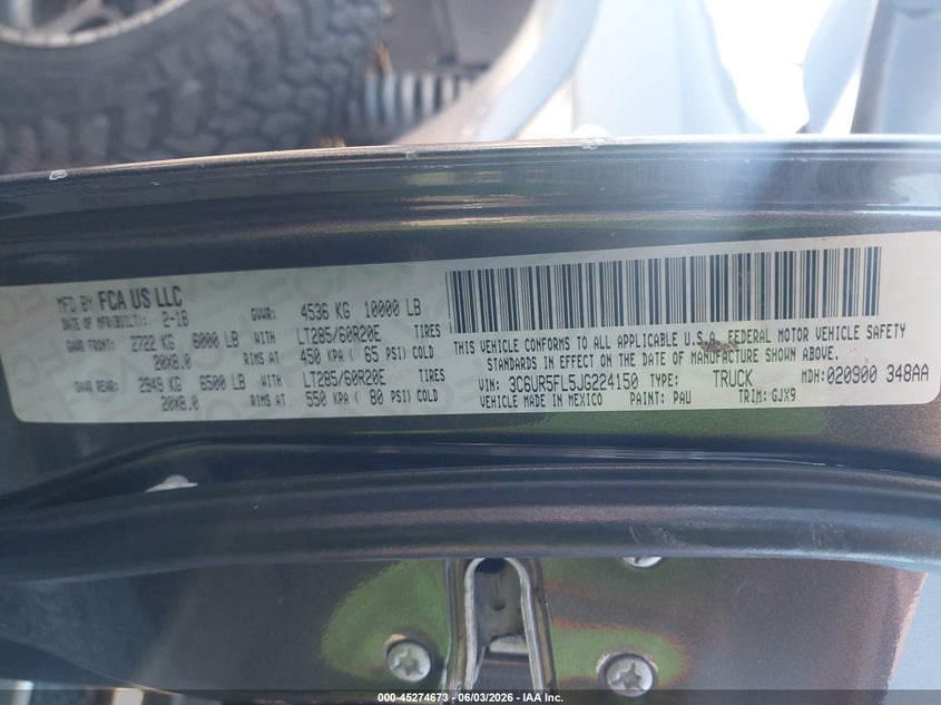 2018 Ram 2500 Laramie 4X4 6'4 Box VIN: 3C6UR5FL5JG224150 Lot: 45274673