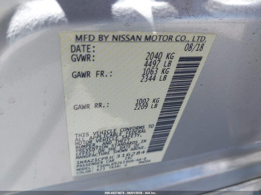 2018 Nissan Leaf S VIN: 1N4AZ1CP9JC316284 Lot: 45274675