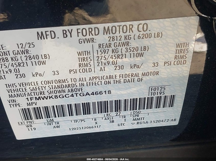 2026 Ford Explorer St VIN: 1FMWK8GC4TGA46618 Lot: 45274684