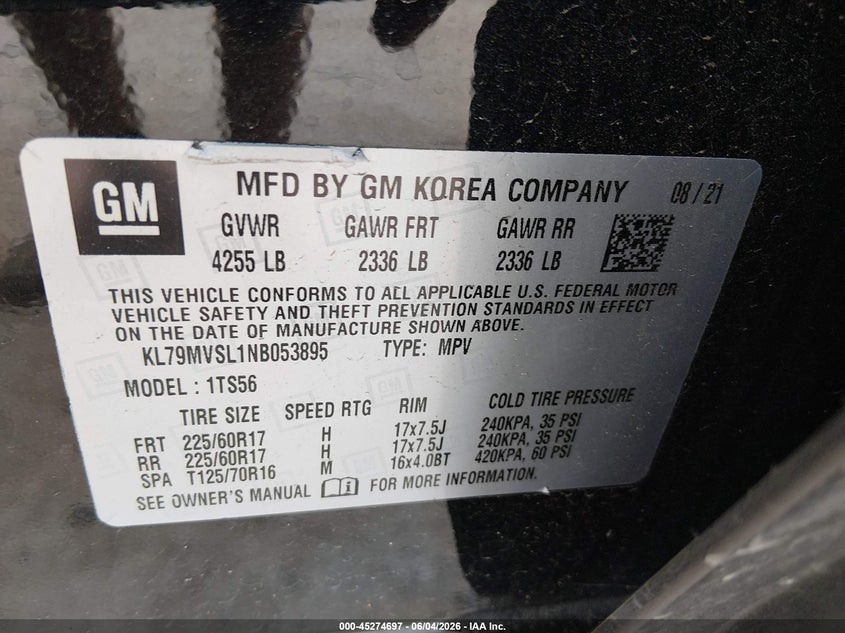 2022 Chevrolet Trailblazer Fwd Activ VIN: KL79MVSL1NB053895 Lot: 45274697