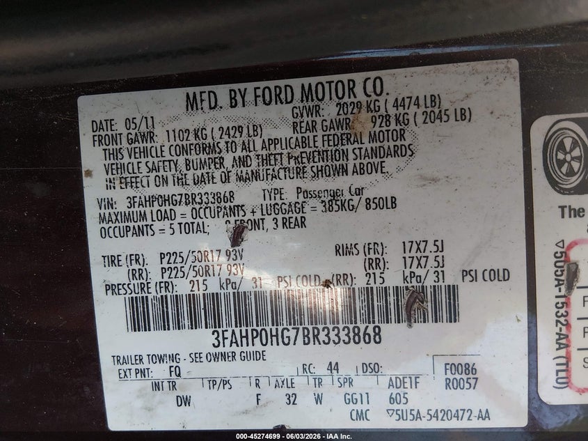 2011 Ford Fusion Se VIN: 3FAHP0HG7BR333868 Lot: 45274699