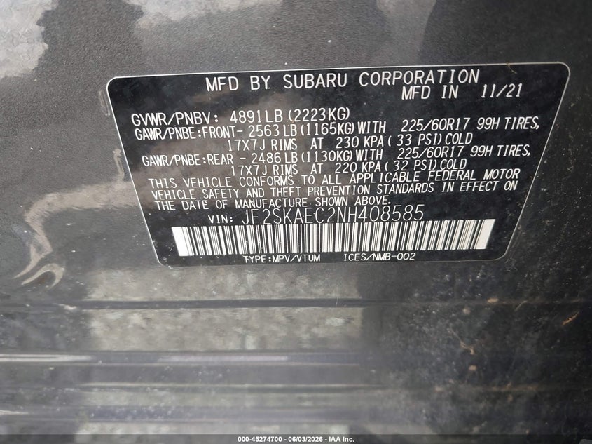 2022 Subaru Forester Premium VIN: JF2SKAEC2NH408585 Lot: 45274700