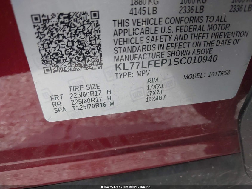 2025 Chevrolet Trax Fwd Ls VIN: KL77LFEP1SC010940 Lot: 45274707