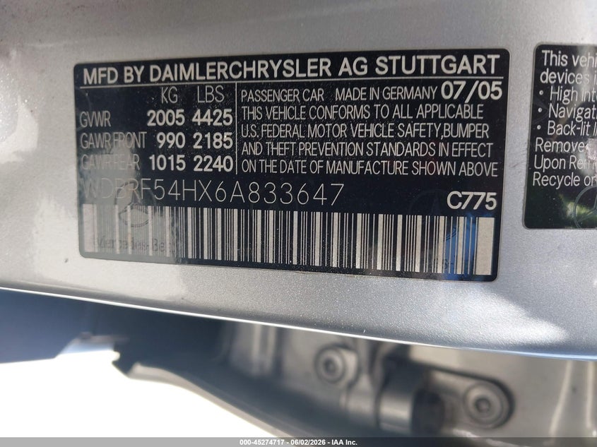 2006 Mercedes-Benz C 280 Luxury VIN: WDBRF54HX6A833647 Lot: 45274717