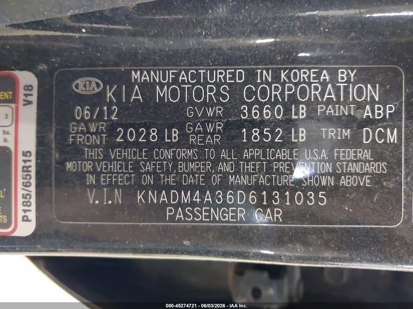 2013 Kia Rio Lx VIN: KNADM4A36D6131035 Lot: 45274721