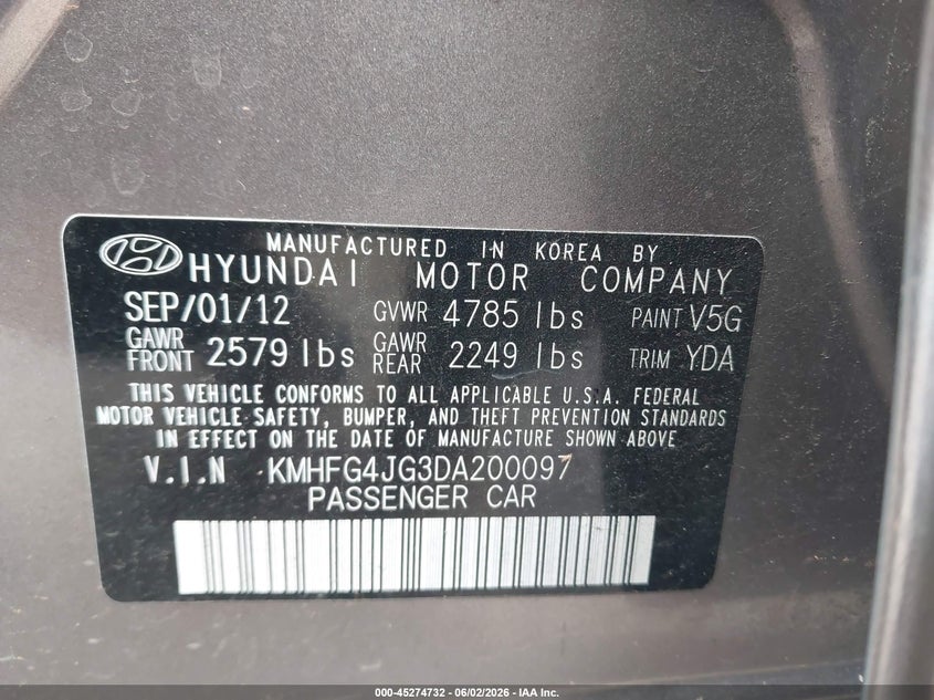 2013 Hyundai Azera VIN: KMHFG4JG3DA200097 Lot: 45274732