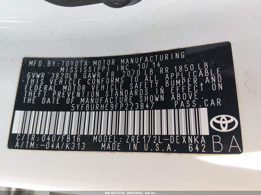 2015 Toyota Corolla Le VIN: 5YFBURHE9FP223847 Lot: 45274736