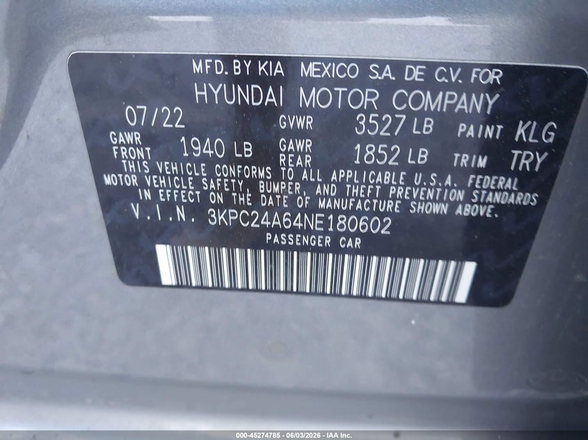 2022 Hyundai Accent Sel VIN: 3KPC24A64NE180602 Lot: 45274785