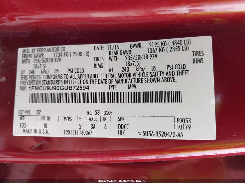 2016 Ford Escape Titanium VIN: 1FMCU9J90GUB72594 Lot: 45274821