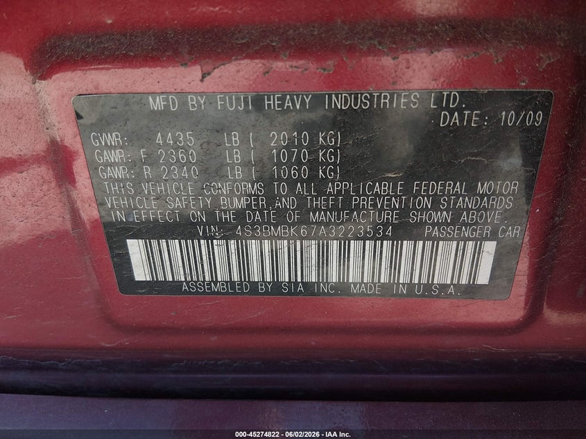 2010 Subaru Legacy 2.5I Limited VIN: 4S3BMBK67A3223534 Lot: 45274822