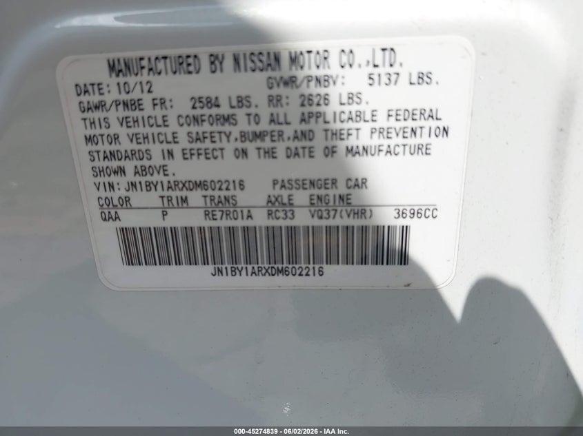 2013 Infiniti M37X VIN: JN1BY1ARXDM602216 Lot: 45274839