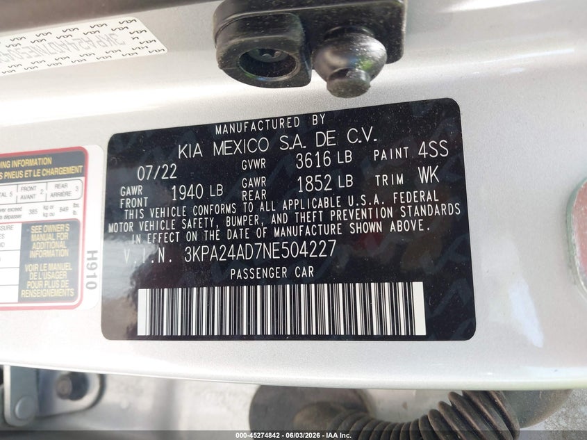 2022 Kia Rio Lx VIN: 3KPA24AD7NE504227 Lot: 45274842