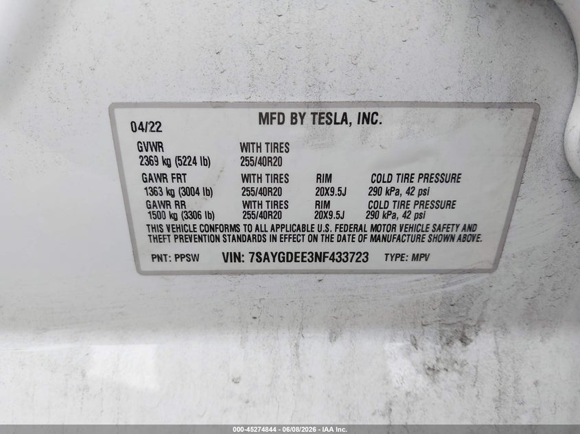 2022 TESLA MODEL Y ELECTRIC(VIN: 7SAYGDEE3NF433723