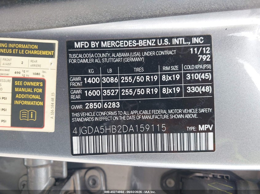 2013 Mercedes-Benz Ml 350 4Matic VIN: 4JGDA5HB2DA159115 Lot: 45274864