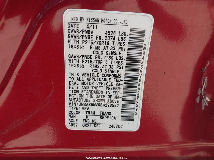 2011 Nissan Rogue S VIN: JN8AS5MV6BW298592 Lot: 45274871