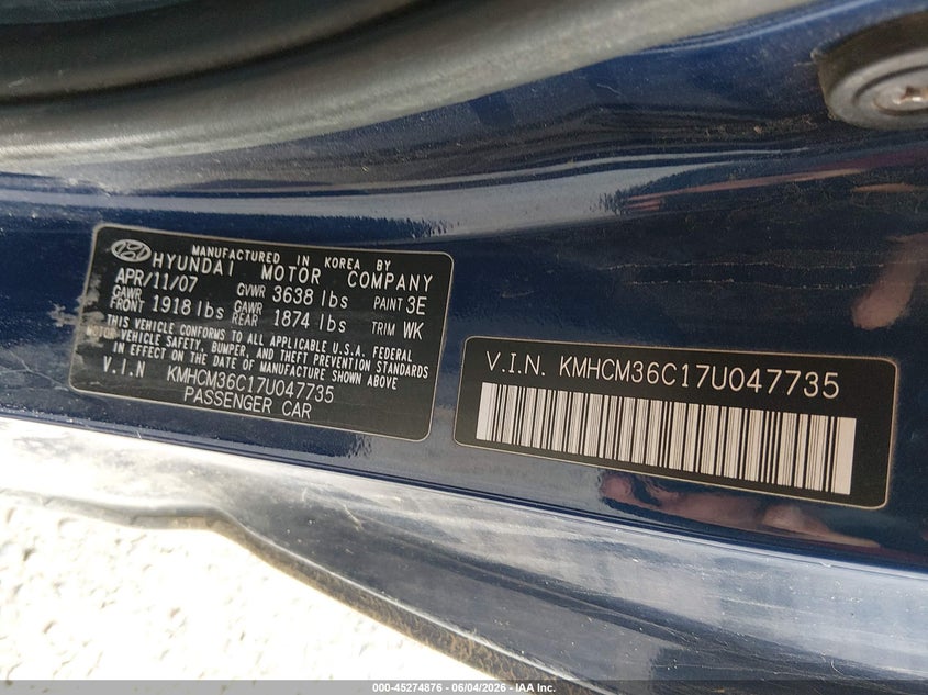 2007 Hyundai Accent Gs VIN: KMHCM36C17U047735 Lot: 45274876