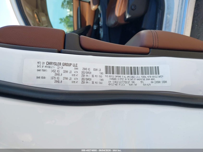 2015 Jeep Grand Cherokee Summit VIN: 1C4RJFJG1FC726167 Lot: 45274880