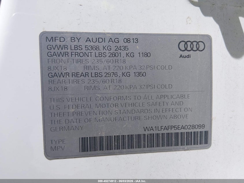 2014 Audi Q5 2.0T Premium VIN: WA1LFAFP5EA028099 Lot: 45274912