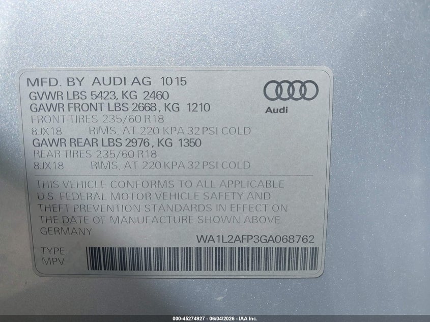 2016 Audi Q5 2.0T Premium VIN: WA1L2AFP3GA068762 Lot: 45274927