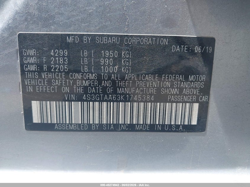 2019 Subaru Impreza 2.0I VIN: 4S3GTAA63K1745384 Lot: 45274942