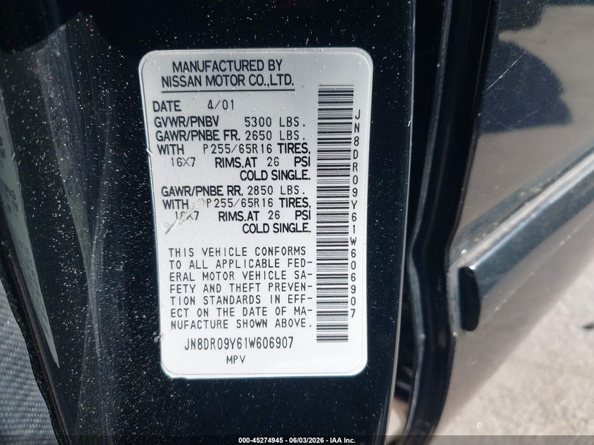 2001 Nissan Pathfinder Se VIN: JN8DR09Y61W606907 Lot: 45274945