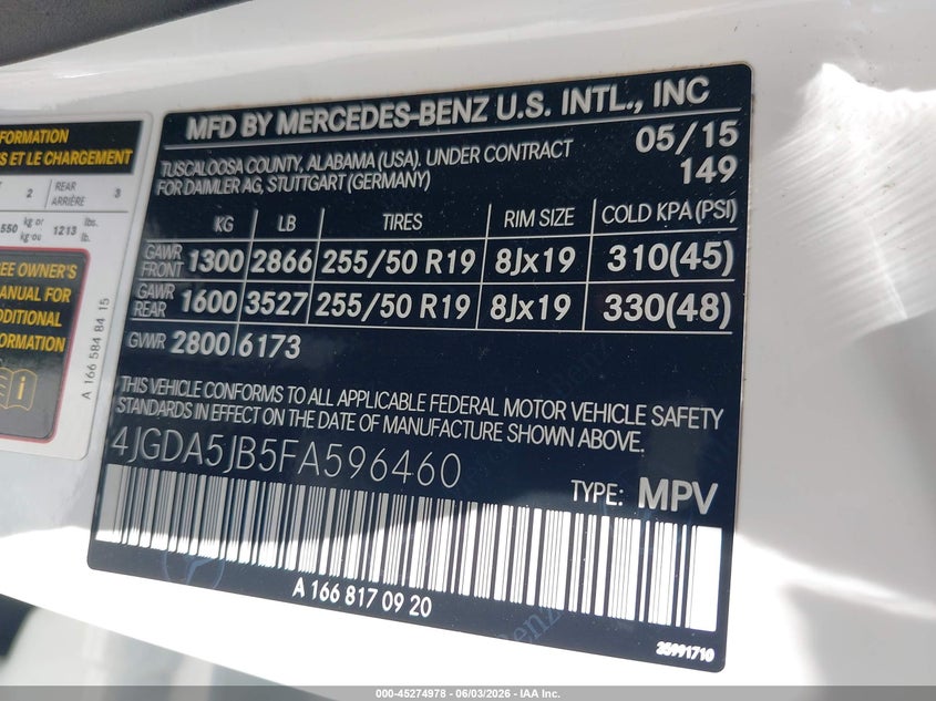 2015 Mercedes-Benz Ml 350 VIN: 4JGDA5JB5FA596460 Lot: 45274978