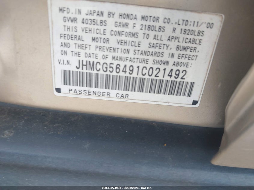 2001 Honda Accord 2.3 Lx VIN: JHMCG56491C021492 Lot: 45274993