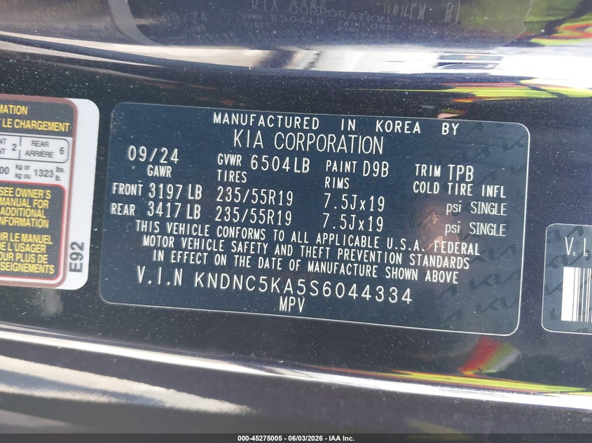 2025 Kia Carnival Mpv Hybrid Ex VIN: KNDNC5KA5S6044334 Lot: 45275005