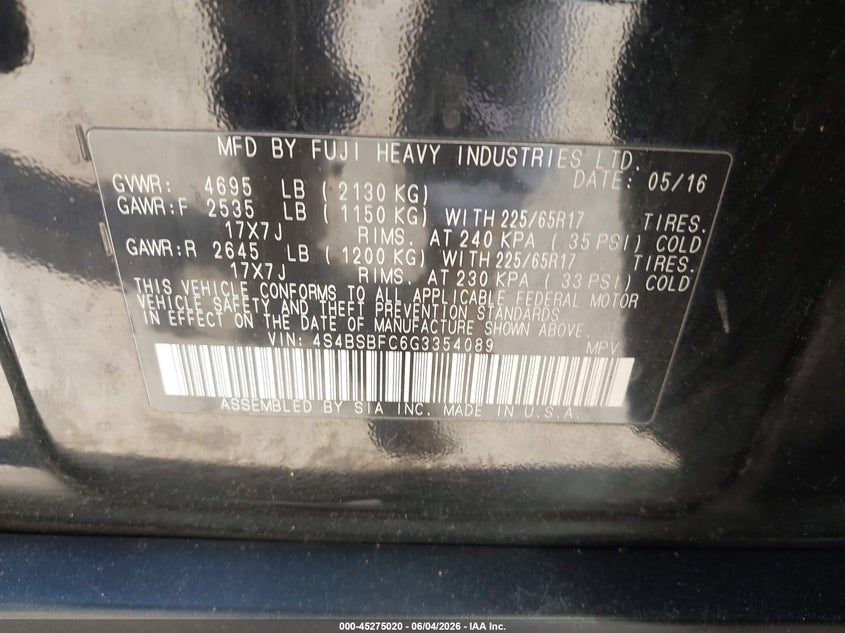2016 Subaru Outback 2.5I Premium VIN: 4S4BSBFC6G3354089 Lot: 45275020