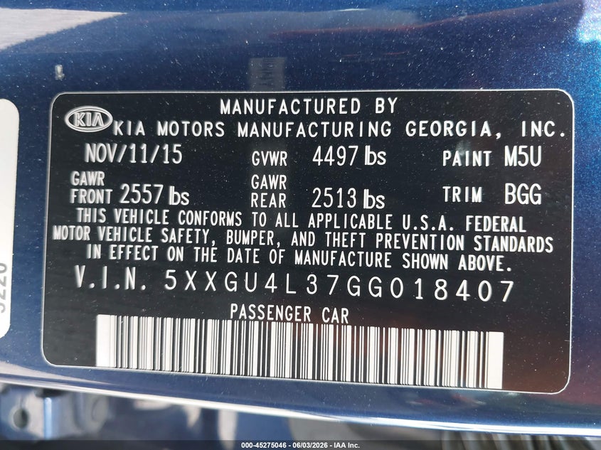 2016 Kia Optima Ex VIN: 5XXGU4L37GG018407 Lot: 45275046