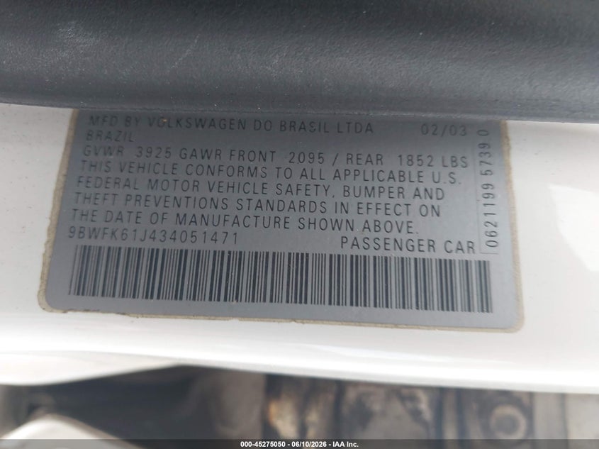 2003 Volkswagen Golf Gl 2.0L VIN: 9BWFK61J434051471 Lot: 45275050