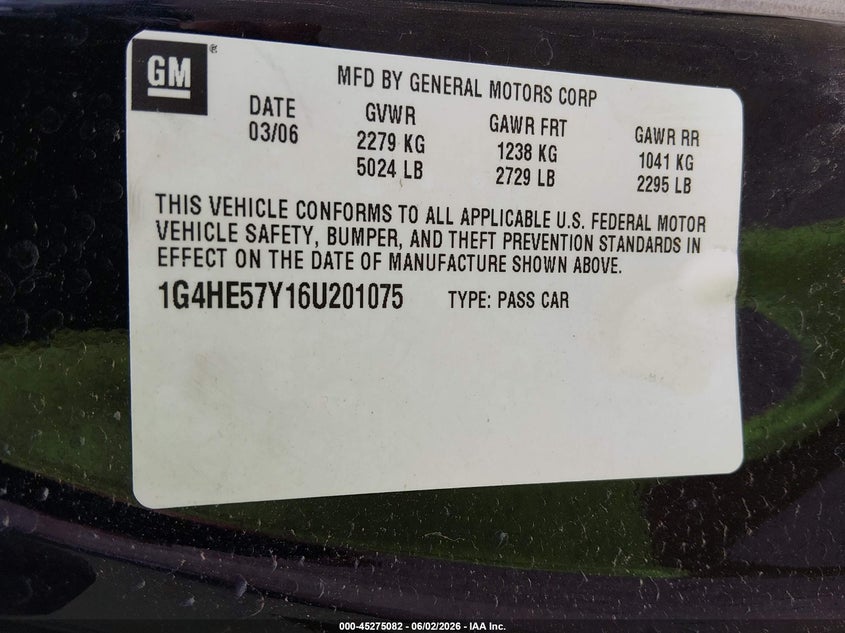 2006 Buick Lucerne Cxs VIN: 1G4HE57Y16U201075 Lot: 45275082