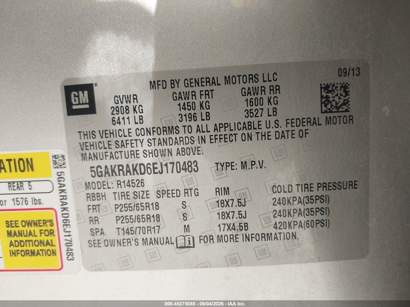 2014 Buick Enclave Convenience VIN: 5GAKRAKD6EJ170483 Lot: 45275085