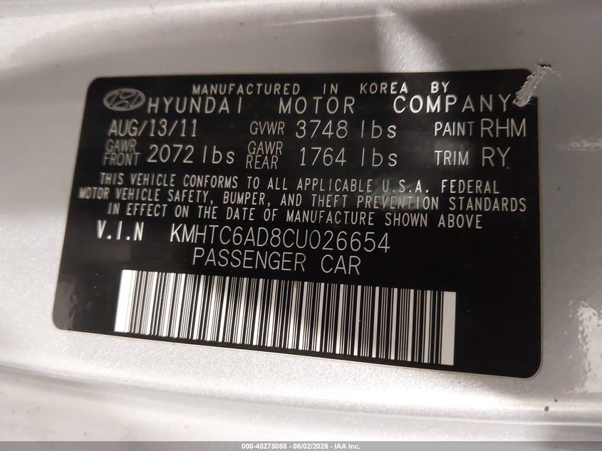 2012 Hyundai Veloster Base W/Black VIN: KMHTC6AD8CU026654 Lot: 45275088