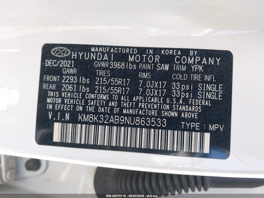 2022 Hyundai Kona Sel VIN: KM8K32AB9NU863533 Lot: 45275119