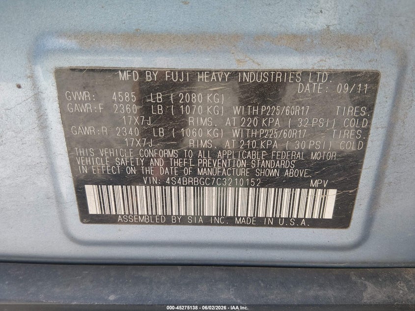 2012 Subaru Outback 2.5 2.5I Premium blue Lot 111045275138 Vin 4S4BRBGC7C3210152