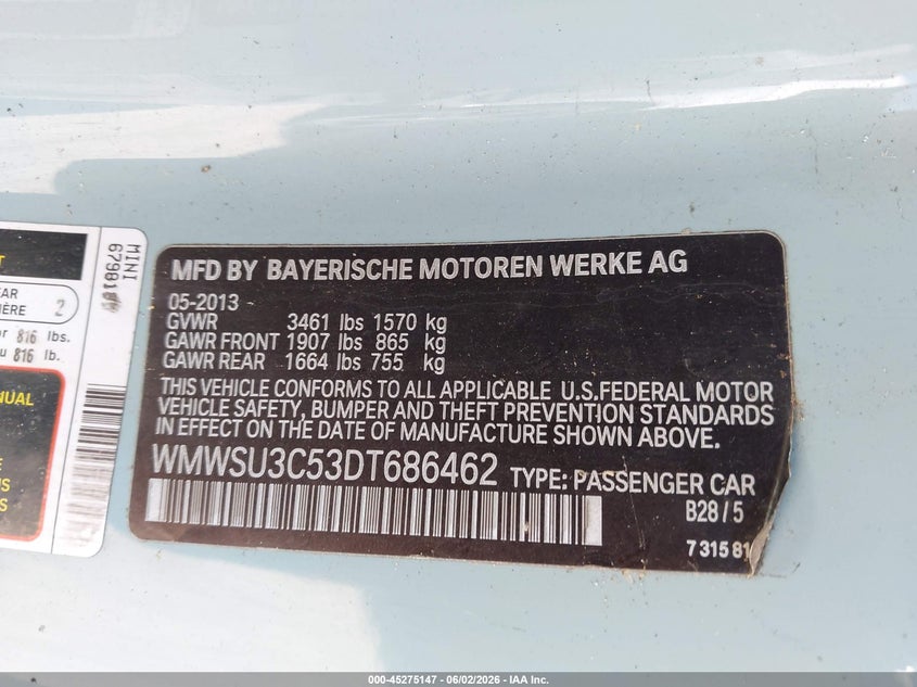 2013 Mini Hardtop Cooper VIN: WMWSU3C53DT686462 Lot: 45275147